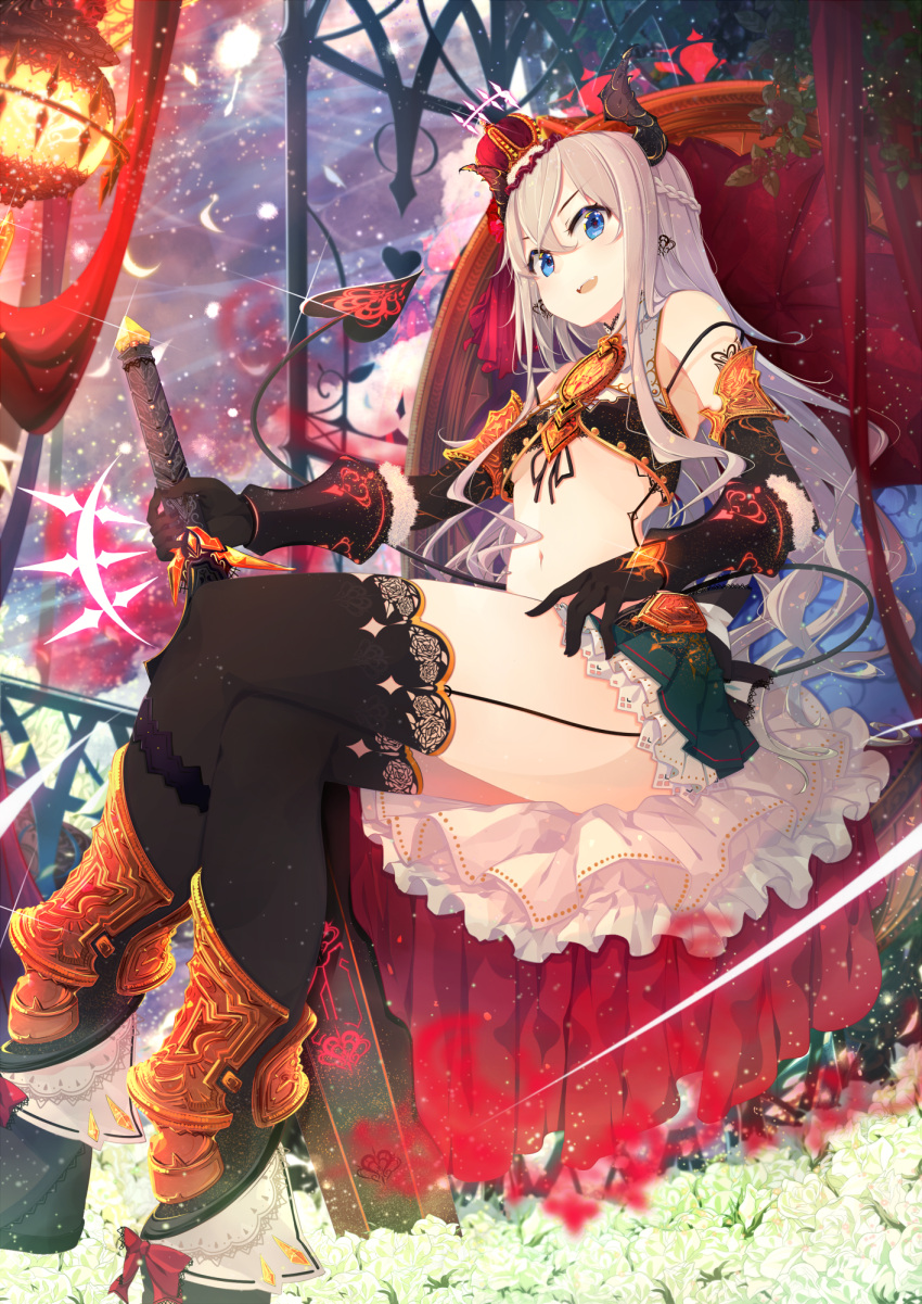 >:d, 1girl, :d, black_legwear, blue_eyes, crossed_legs, crown, demon_horns