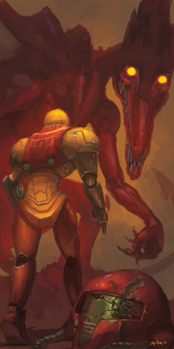 1girl, 2013, arm_cannon, blonde_hair, claws, glowing, glowing_eyes, headwear_removed, helmet, helmet_removed, highres, jeff_zhang, metroid, monster, power_armor, ridley, samus_aran, scratches, shadow, sharp_teeth, signature, varia_suit, weapon, yellow_eyes