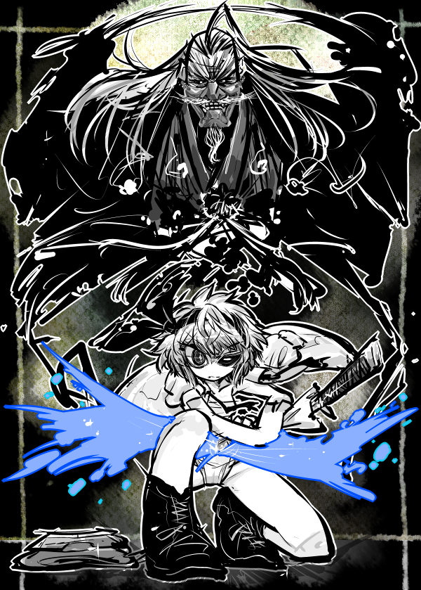 1boy, 1girl, beard, facial_hair, hair_ribbon, hairband, hitodama, japanese_clothes, katana, konpaku_youki, konpaku_youmu, konpaku_youmu_(ghost), long_hair, monochrome, mustache, ribbon, serious, short_hair, silver_hair, sketch, spot_color, squatting, sword, touhou, weapon, yt_(wai-tei)