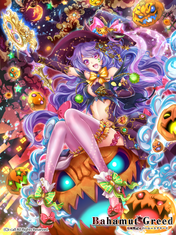 1girl, bahamut_greed, center_opening, crotalaria, halloween, hat, jack-o'-lantern, long_hair, official_art, original, purple_hair, solo, thigh-highs, violet_eyes, witch, witch_hat