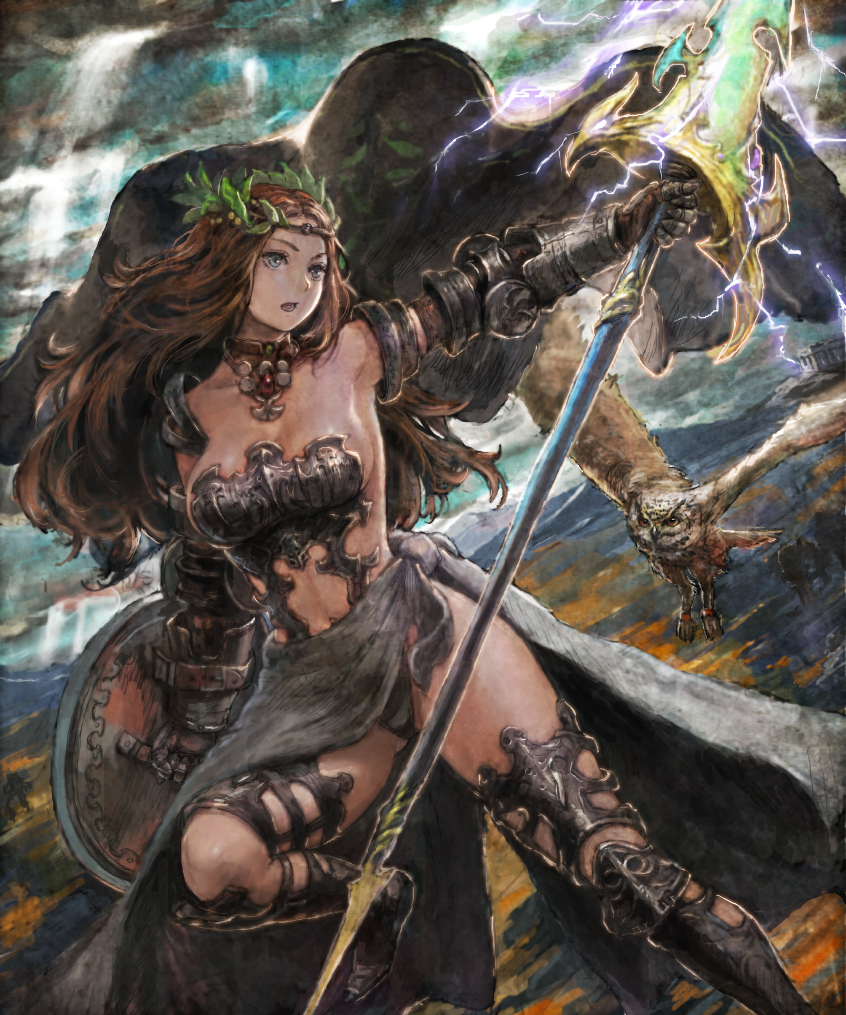1girl, arm_up, armor, armpits, athena_(mythology), bare_shoulders, bird, blue_eyes