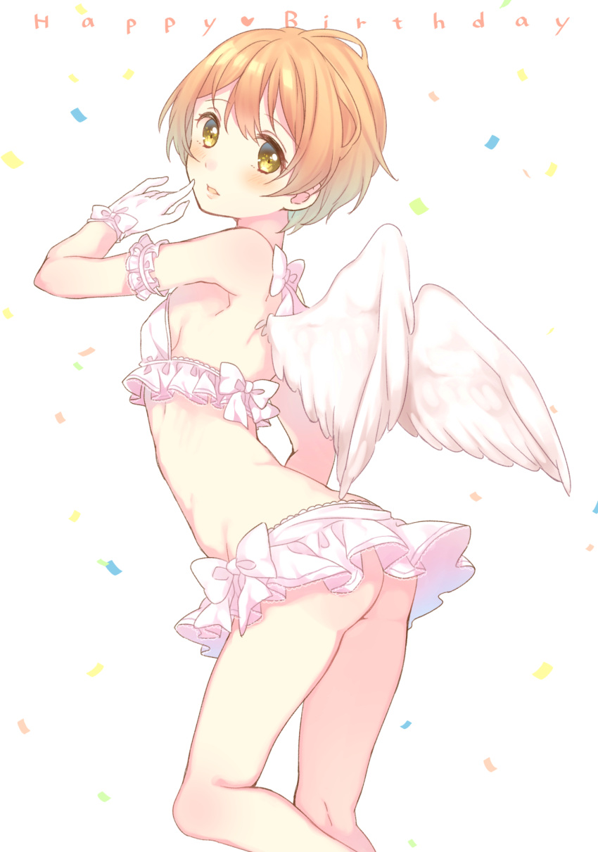 1girl, angel_wings, ass, bare_shoulders, bow, bra, character_name, frilled_bra
