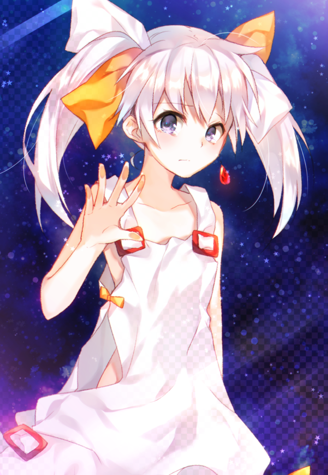 1girl, bare_shoulders, blush, dress, earrings, grey_eyes, hair_ribbon, jewelry