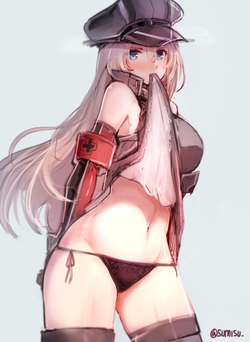 1girl, bare_shoulders, bismarck_(kantai_collection), biting_clothes, black_panties, blonde_hair, blue_eyes, blush