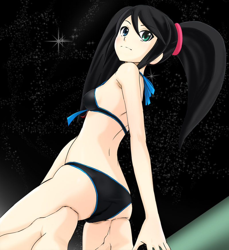 1girl, bikini, black_bikini, black_hair, blue_eyes, breasts, green_eyes, haruyama_kazunori, heterochromia, hi-scool!_seha_girls, long_hair, sega_saturn_(hi-scool!_seha_girls), solo, swimsuit, twintails