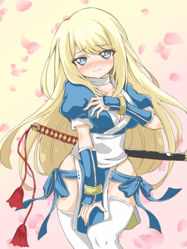 blonde_hair, blue_eyes, blush, breasts, chloe_lemaire, cleavage, cosplay, covering