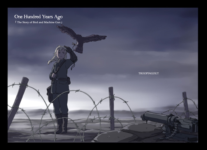 1girl, ammunition_belt, bag, barbed_wire, belt, bird, blonde_hair, blue_eyes