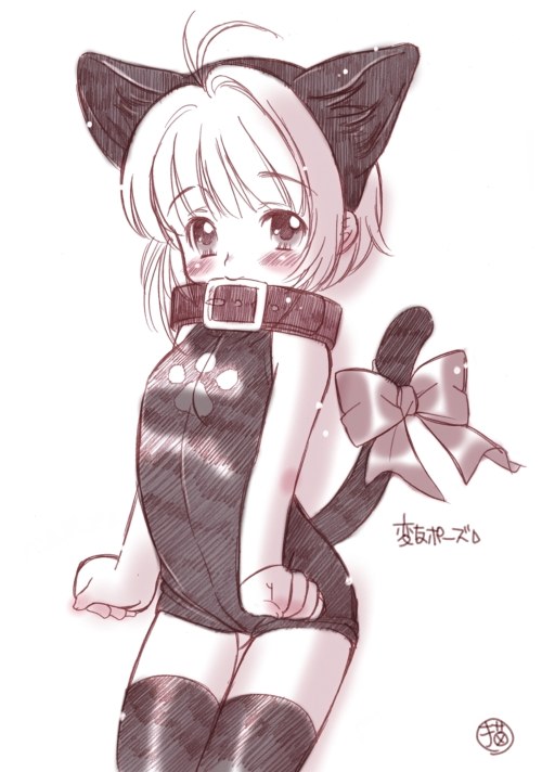 ahoge, blush, bow, card_captor_sakura, cardcaptor_sakura, ccs, clamp, collar, flat_chest, kinomoto_sakura, loli, nekomimi, short_hair, thigh_highs