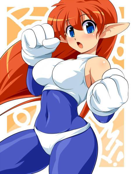 1girl, blue_eyes, blush, bodysuit, covered_navel, detached_sleeves, galaxy_fight, gloves, konpeto, long_hair, orange_hair, pointy_ears, roomi, skin_tight, solo, spandex, white_gloves