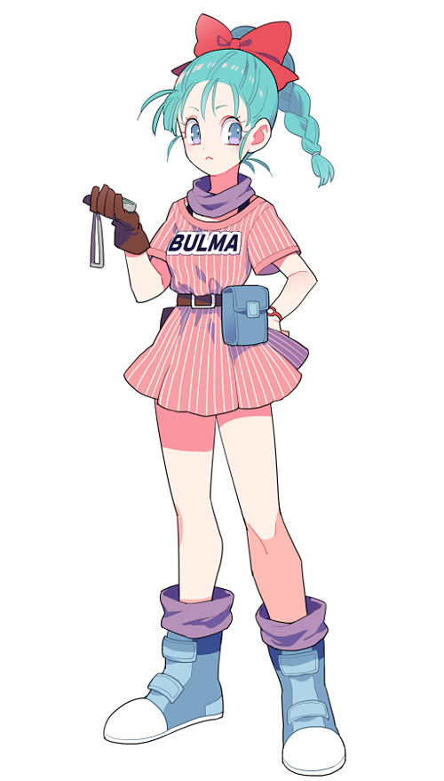 1girl, belt, boots, bow, braid, brown_gloves, bulma, dragon_ball, dragon_radar, dress, frown, gloves, gum_(gmng), hair_bow, hand_on_hip, name_tag, pouch, scarf, simple_background, solo, vertical_stripes, violet_eyes, white_background