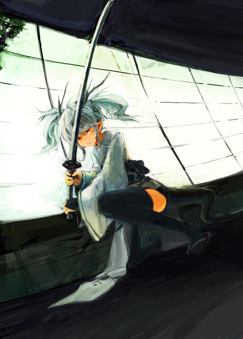 1girl, antlers, black_legwear, black_ribbon, bridal_gauntlets, dragon_girl, dragon_print, dragon_tail