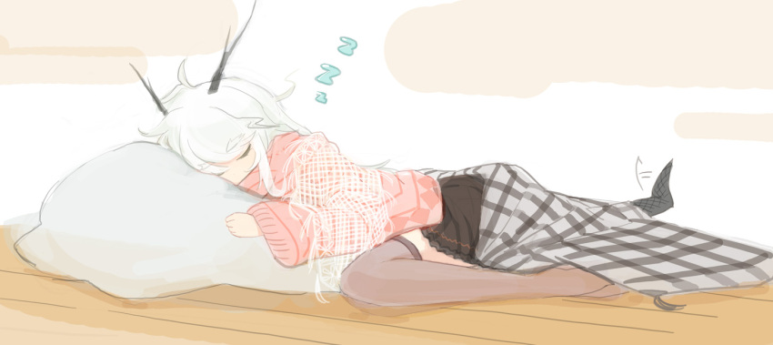 1girl, antlers, black_skirt, blanket, closed_eyes, dragon_girl, dragon_tail, eyebrows