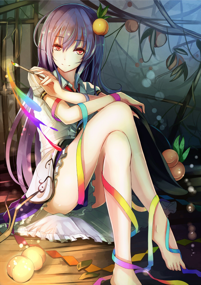 1girl, barefoot, blue_hair, colorful, food, frills, fruit, hair_ornament, hat, hat_removed, headwear_removed, hinanawi_tenshi, leaf, long_hair, looking_at_viewer, on_floor, paintbrush, peach, puffy_sleeves, red_eyes, ribbon, shirt, short_sleeves, sitting, skirt, smile, solo, touhou, vest, zeb_nakaichi