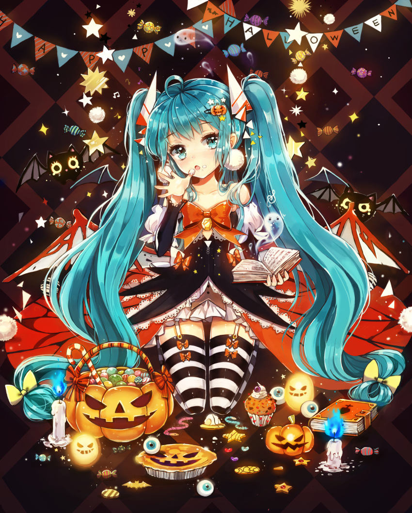 1girl, aqua_eyes, aqua_hair, bat, bat_wing, book, candle, candy