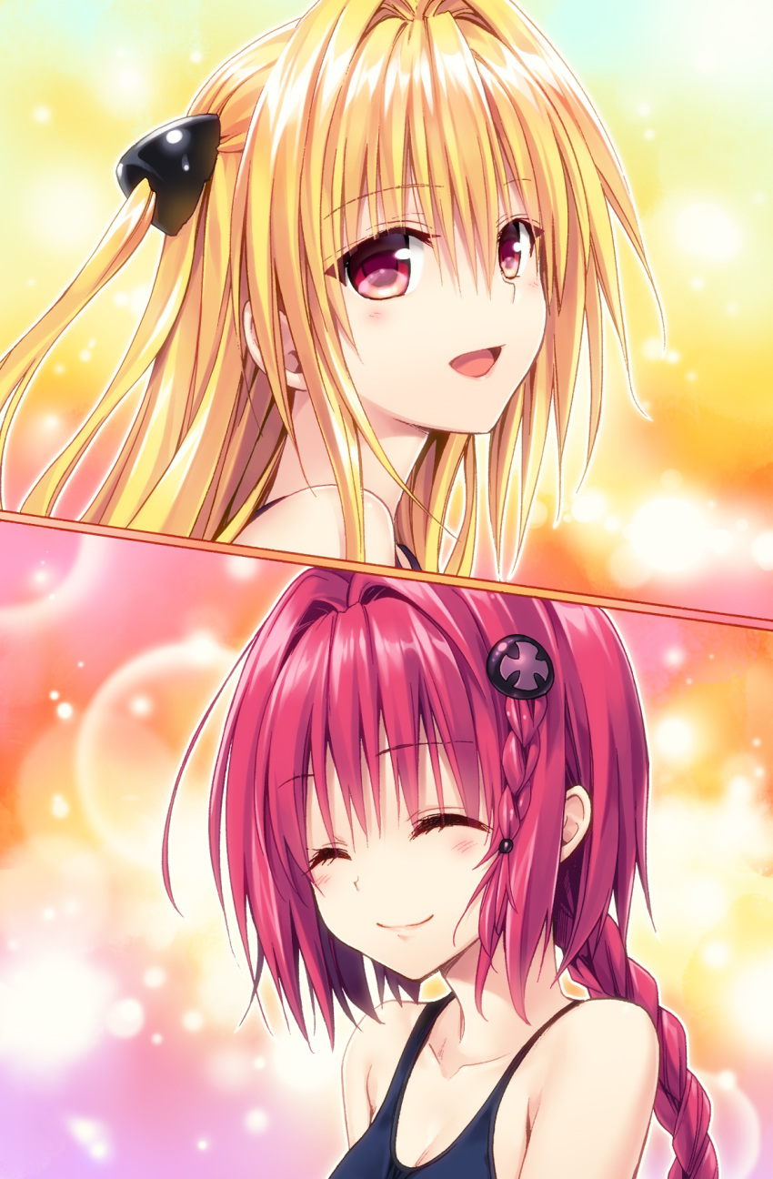2girls, blonde_hair, braid, closed_eyes, colored, detexted, face, hair_ornament
