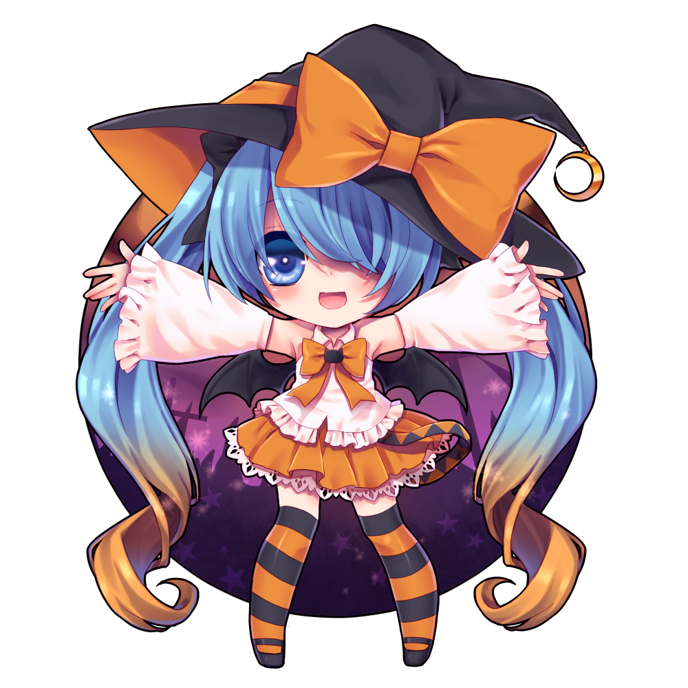 1girl, bat_wings, blue_eyes, blue_hair, bowtie, chibi, detached_sleeves, gradient_hair