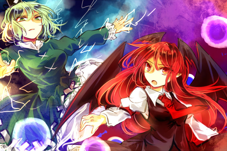 2girls, bat_wings, dress, green_dress, green_hair, hat, head_wings, japanese_clothes, koakuma, kozuki_kai, lightning, long_hair, multiple_girls, necktie, open_mouth, orb, red_eyes, redhead, short_hair, soga_no_tojiko, tate_eboshi, touhou, wings