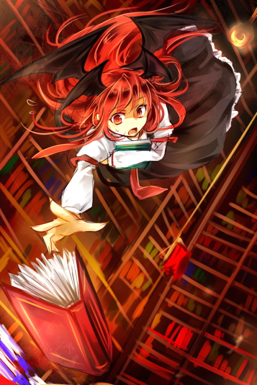 1girl, bat_wings, book, bookshelf, falling, head_wings, koakuma, kozuki_kai, library, long_hair, necktie, open_mouth, red_eyes, redhead, solo, touhou, wings