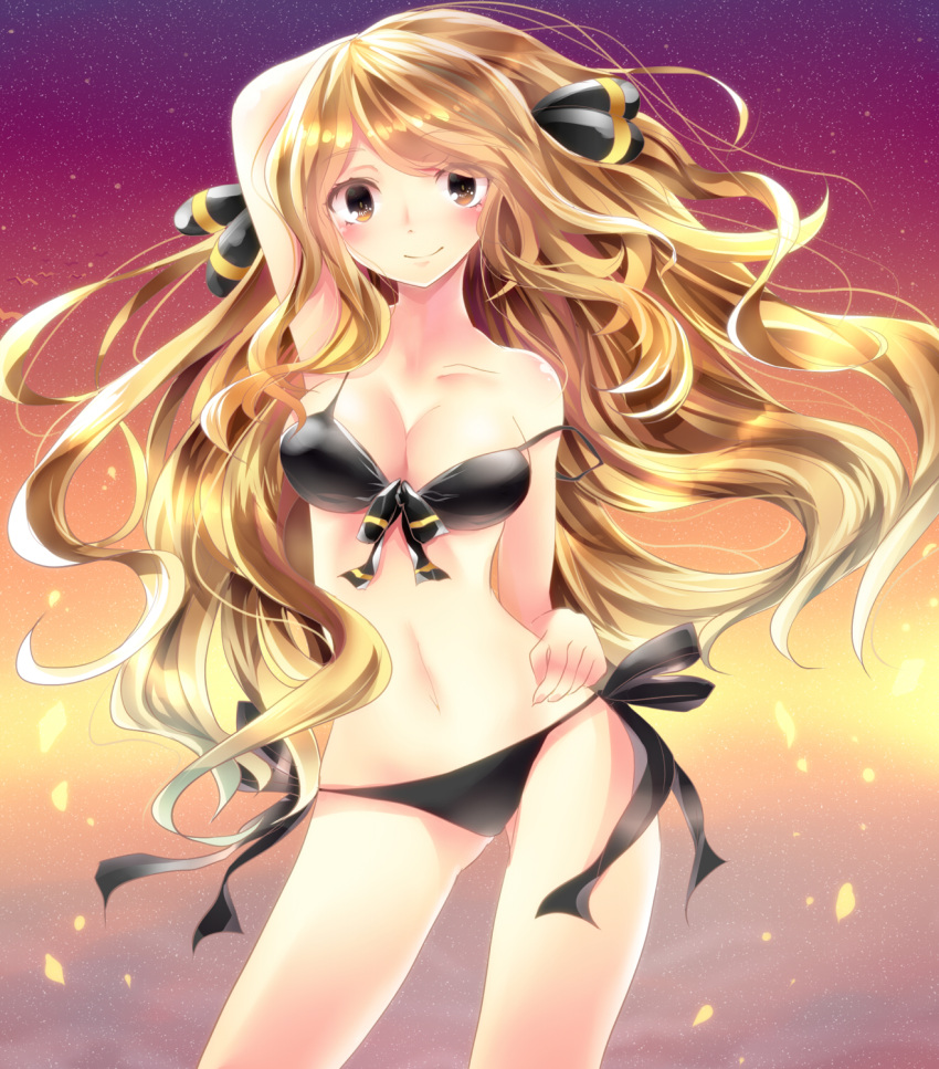 1girl, bikini, blonde_hair, brown_eyes, highres, long_hair, pokemon, pokemon_(game), pokemon_dppt, shirona_(pokemon), swimsuit, xe-cox