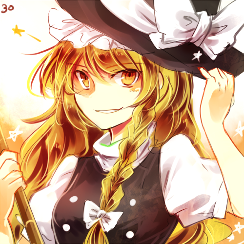 1girl, blonde_hair, bow, braid, broom, grin, hair_bow, hat