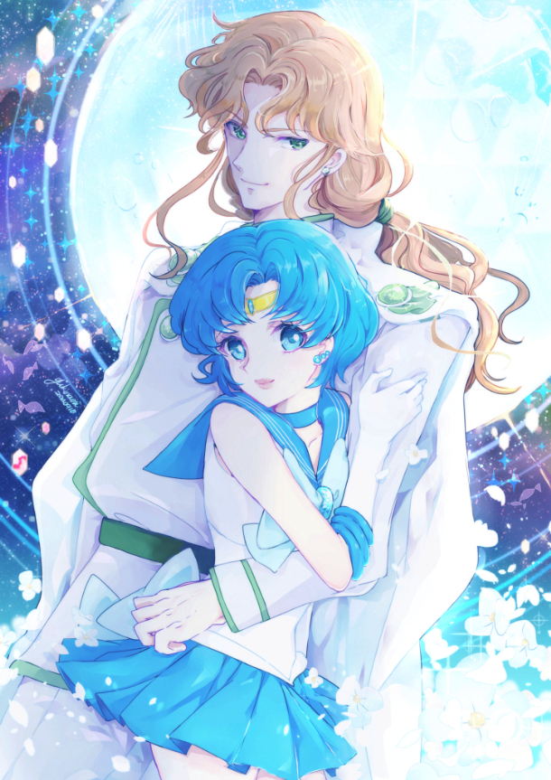 1boy, 1girl, bishoujo_senshi_sailor_moon, blue_eyes, blue_hair, blue_skirt, brown_hair, choker