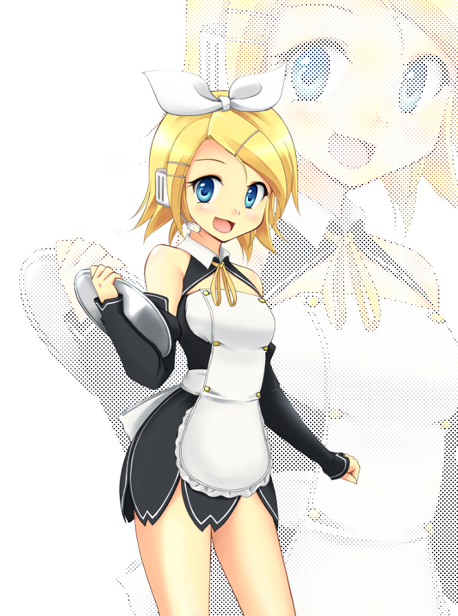 apron, blue_eyes, cosplay, detached_sleeves, dream_c_club, dream_c_club_(cosplay), hair_ornament, hair_ribbon