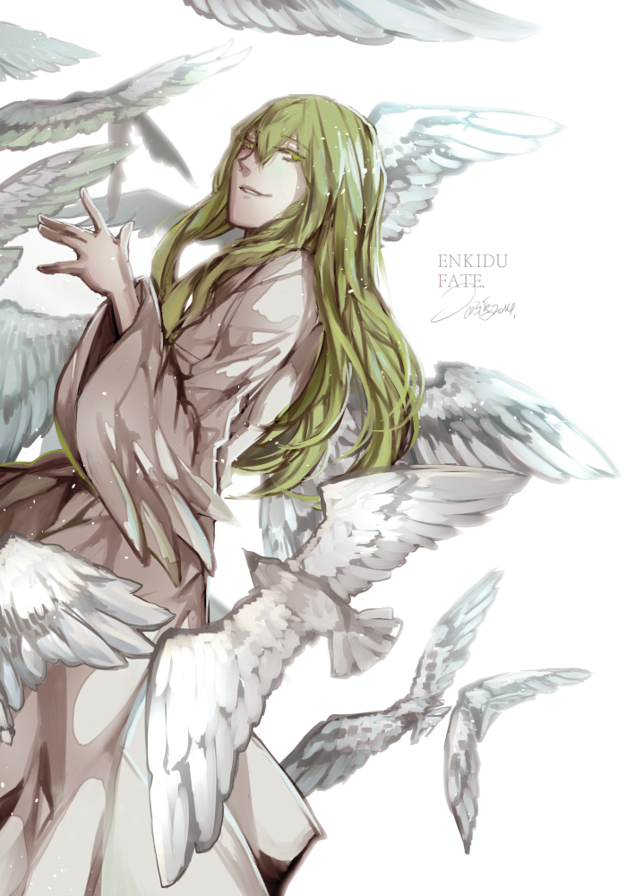 1boy, androgynous, bird, enkidu_(fate/strange_fake), fate/strange_fake, fate_(series), green_eyes, green_hair, long_hair, solo, vampiry