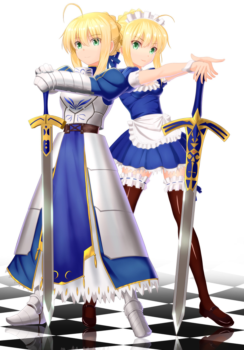 2girls, absurdres, ahoge, armor, armored_dress, blonde_hair, caliburn, carnival_phantasm