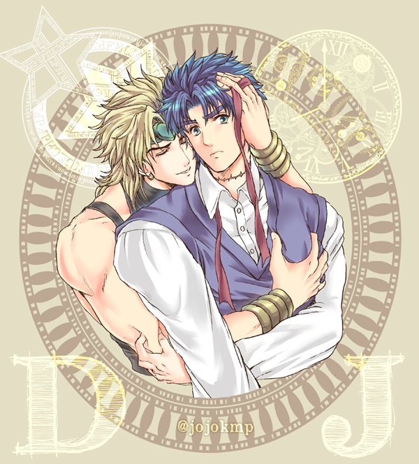2boys, blonde_hair, blue_eyes, blue_hair, dio_brando, heart, jojo_no_kimyou_na_bouken, jonathan_joestar