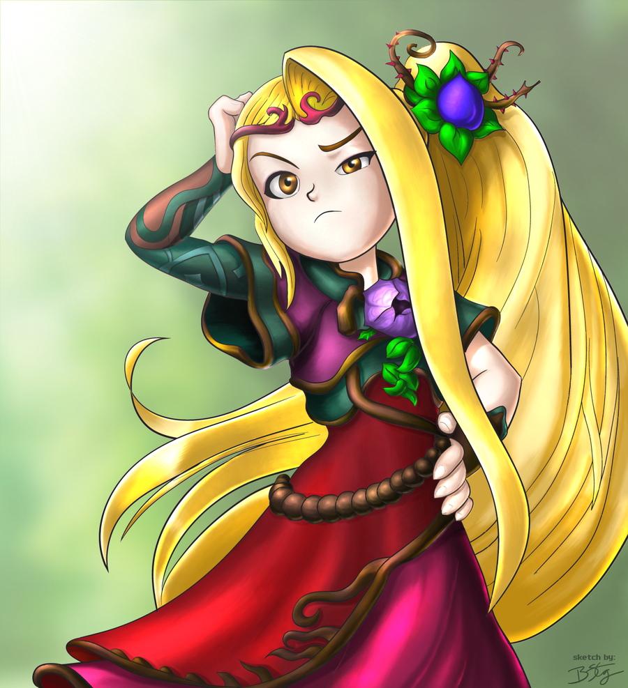 1girl, bill_stiernberg, blonde_hair, dress, flat_chest, flower, frown, hair_flower, hair_ornament, hand_on_head, hand_on_hip, kid_icarus, kid_icarus_uprising, long_hair, ponytail, side_ponytail, signature, solo, very_long_hair, viridi, yellow_eyes