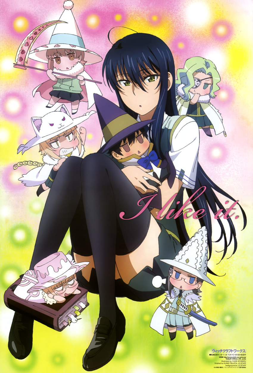 1boy, 6+girls, absurdres, black_hair, blue_hair, book, chibi, eyepatch