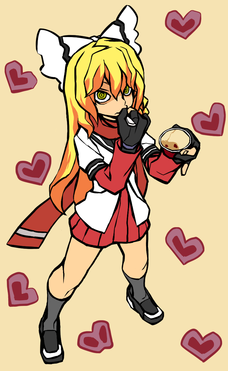 1girl, blonde_hair, cookie_(touhou), cosplay, eating, gloves, heart, highres