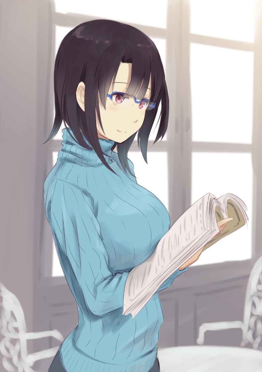1girl, alternate_costume, bespectacled, black_hair, blue-framed_glasses, blush, book, breasts