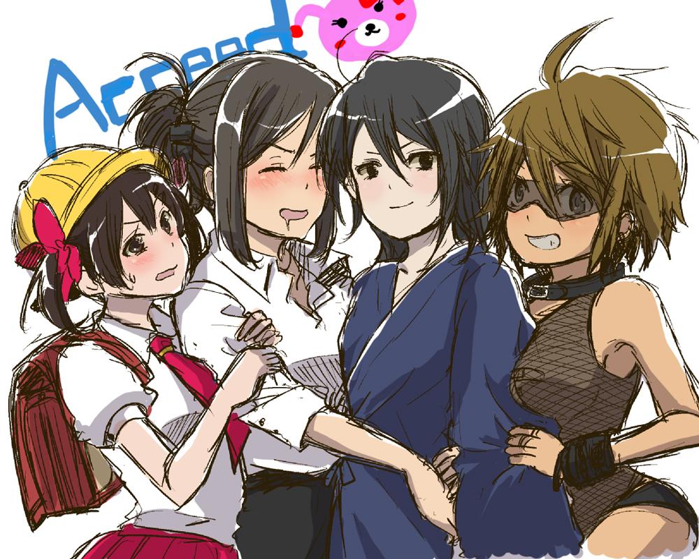 4girls, backpack, bag, black_hair, breasts, brown_hair, collar, genderswap