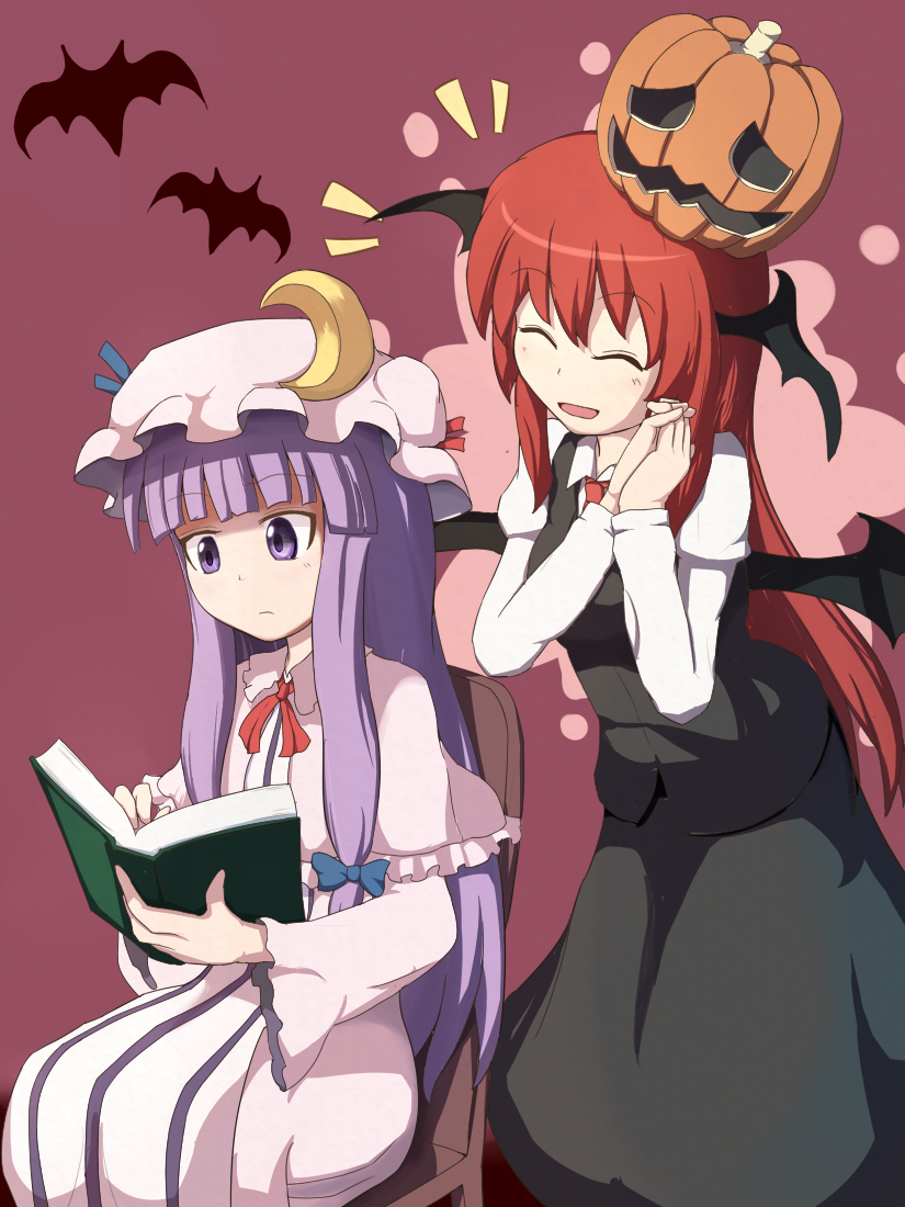 2girls, bat, book, capelet, chair, closed_eyes, coat, commentary_request