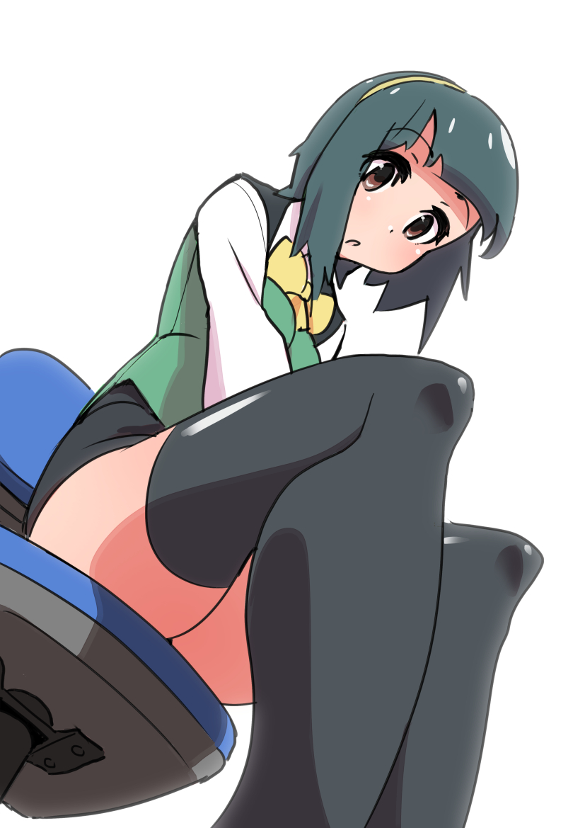 1girl, black_legwear, brown_eyes, chair, green_hair, idolmaster, looking_at_viewer, looking_down