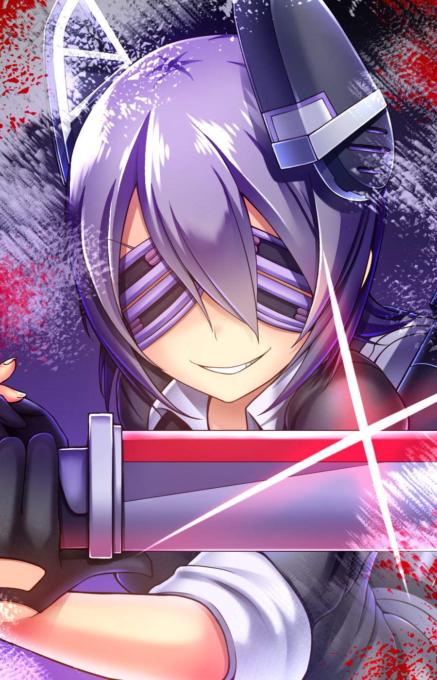 1girl, black_gloves, cardigan, close-up, double_eyepatch, eyepatch, fingerless_gloves, gloves