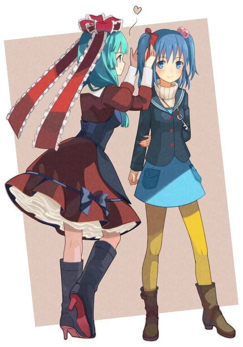 2girls, adapted_costume, alternate_legwear, ankle_boots, armband, blue_hair, blush, boots