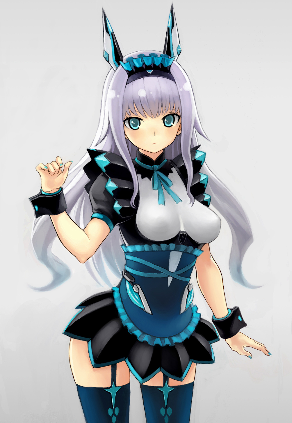 1girl, \m/, blue_eyes, blush, breasts, corset, dodonpachi, dodonpachi_saidaioujou