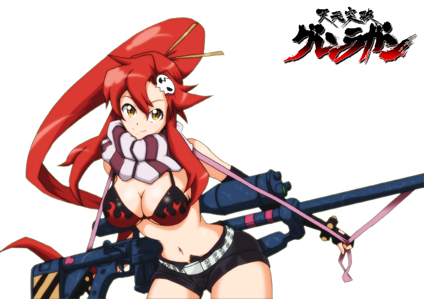 belt, bikini_top, breasts, cleavage, gun, hotpants, long_hair, navel