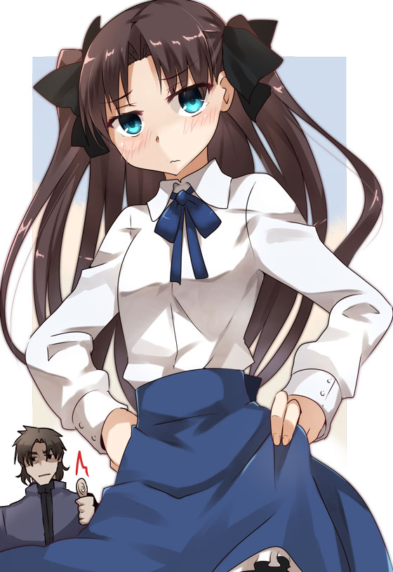 1boy, 1girl, akatoro_(nightlord), alternate_costume, artoria_pendragon_(all), artoria_pendragon_(all)_(cosplay), black_eyes, blue_eyes, blush, brown_hair, embarrassed, fate/stay_night, fate_(series), frills, kotomine_kirei, long_hair, long_sleeves, ribbon, saber, saber_(cosplay), shiny, shiny_hair, skirt, thumbs_up, tohsaka_rin, toosaka_rin, two_side_up