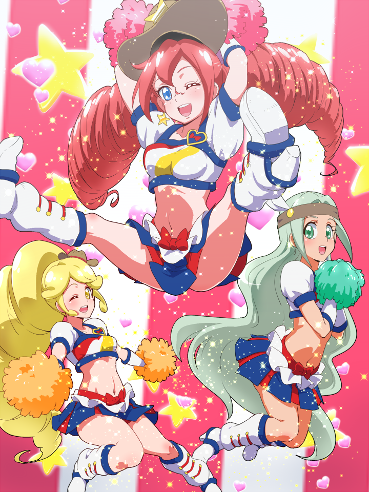 3girls, blonde_hair, blonde_haired_cure_(bomber_girls_precure)_(happinesscharge_precure!), blue_eyes, blue_skirt, blush, boots, cheerleader