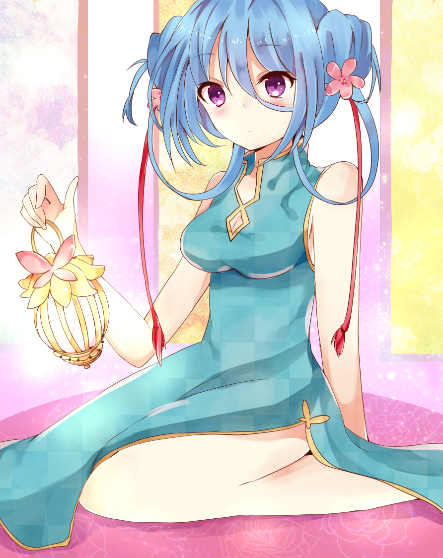 1girl, arm_support, bare_shoulders, blue_dress, blue_hair, breasts, china_dress, chinese_clothes