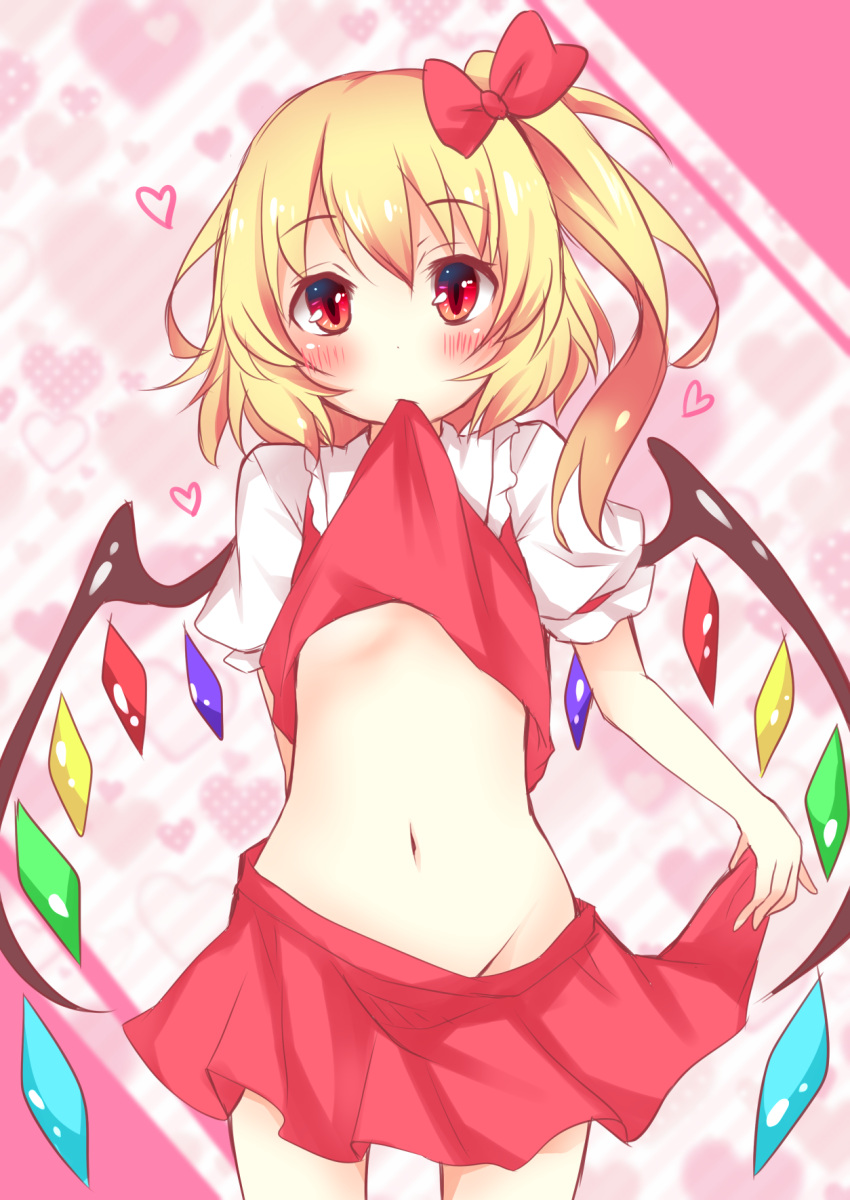 1girl, blush, bow, flandre_scarlet, hair_bow, heart, highres, looking_at_viewer