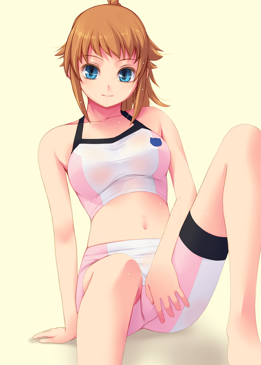 1girl, bare_shoulders, bike_shorts, blue_eyes, blush, breasts, brown_hair, gundam