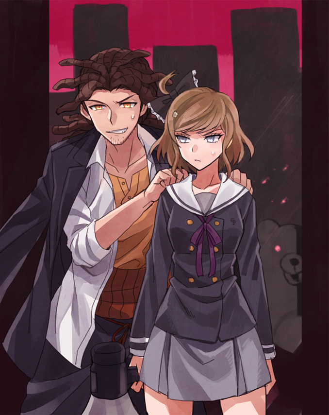 1boy, 1girl, alternate_hairstyle, bangs, blue_eyes, bow, brown_hair, dangan_ronpa, hagakure_yasuhiro, hair_bow, hairlocs, megaphone, monokuma, nakajima_kanon, okuragon, orange_eyes, parted_bangs, school_uniform, short_hair, side_ponytail, sweatdrop, zettai_zetsubou_shoujo