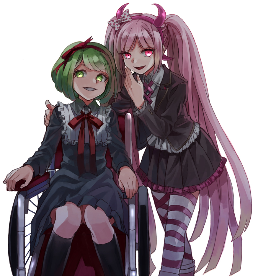2girls, bow, dangan_ronpa, evil_smile, fake_horns, glowing, glowing_eyes, green_eyes
