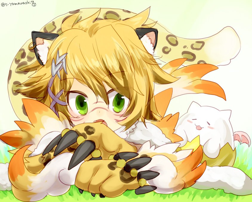 1girl, :o, animal_ears, blonde_hair, cat_ears, cat_tail, claws, facepaint, fang, fur_trim, fuu_(p&amp;d), grass, green_eyes, hair_ornament, looking_at_viewer, lying, on_stomach, paws, puzzle_&amp;_dragons, short_hair, solo, tail, tamadra, twitter_username, yamanashi_taiki