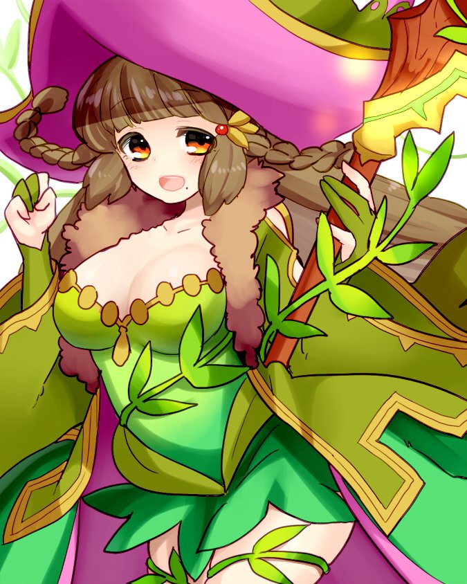 1girl, blush, braid, breasts, brown_hair, cleavage, coat, dress, fur_trim, gloves, green_dress, green_gloves, hair_ornament, hat, holding, large_breasts, lisa_(p&amp;d), long_hair, long_sleeves, mole, orange_eyes, puzzle_&amp;_dragons, solo, staff, twin_braids, very_long_hair, vines, witch_hat, yamanashi_taiki
