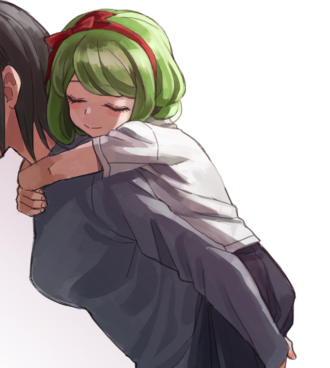 2girls, black_hair, blush_stickers, carrying, closed_eyes, dangan_ronpa, green_eyes, hair_ribbon, hairband, monaka_(dangan_ronpa), mother_and_daughter, multiple_girls, okuragon, ribbon, school_uniform, short_hair, simple_background, sleeping, smile, spoilers, what_if, zettai_zetsubou_shoujo